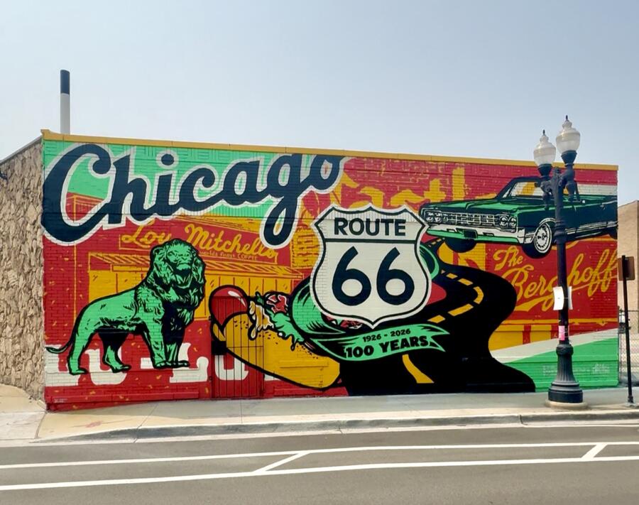 Iconic mural along Route 66 in Chicago on the Side of a Building.